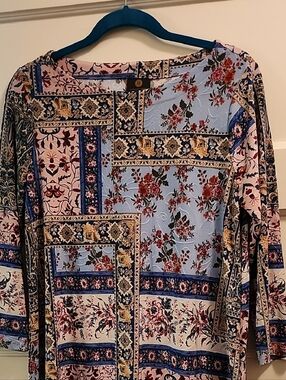 Floral Patchwork Long Sleeve Top - Blue/Pink